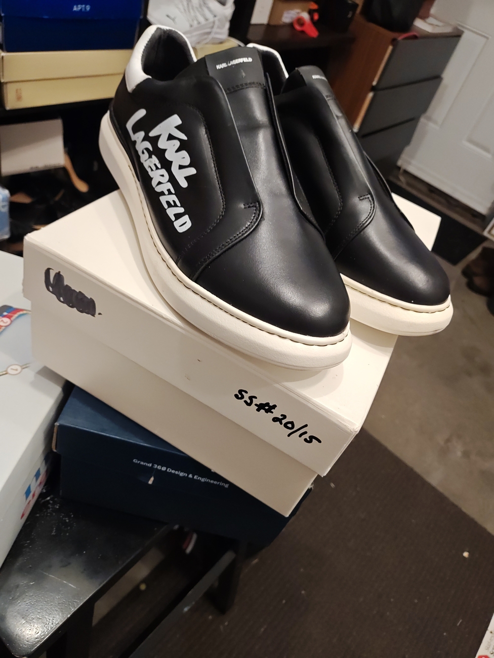 Karl Lagerfeld Black and White Slip-On Leather Sneakers 13 100% Leather